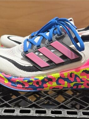 Adidas Women's 2023 Ultraboost White Blue Pink Leopard-Print Running Shoes